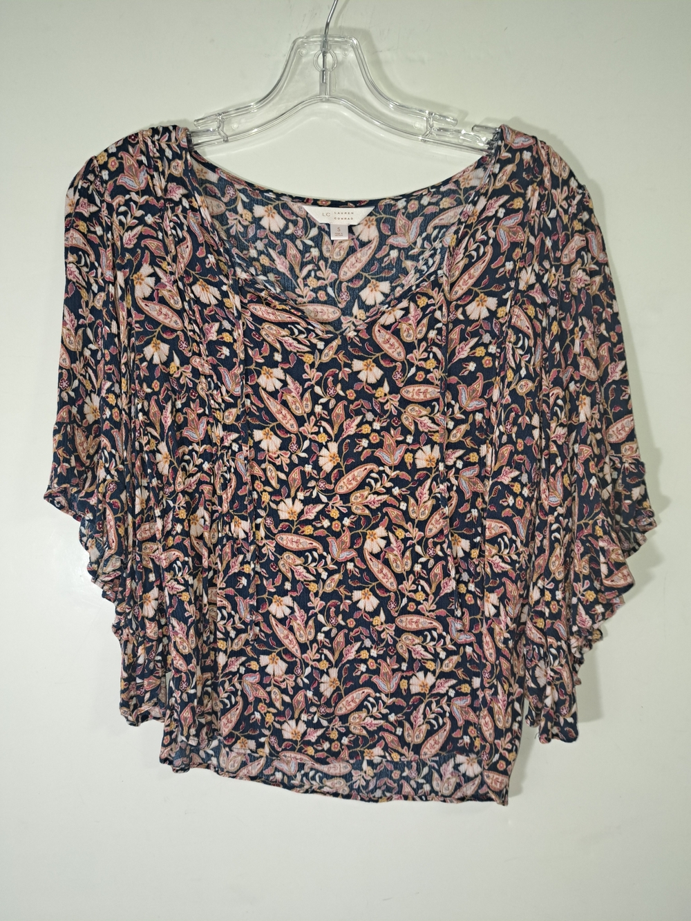 LC Lauren Conrad Navy Paisley Flutter-Sleeve Top